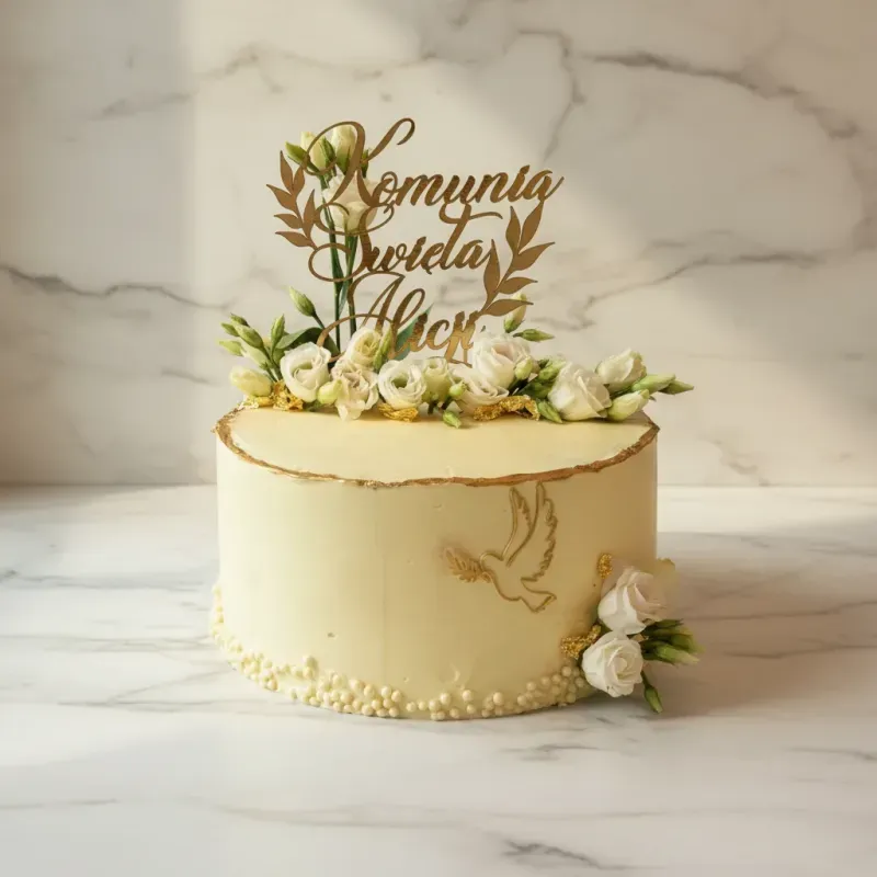 Elegancki tort weselny ecru z dekoracją kwiatową - Pracownia Cukiernicza Marcina Kani, Lublin